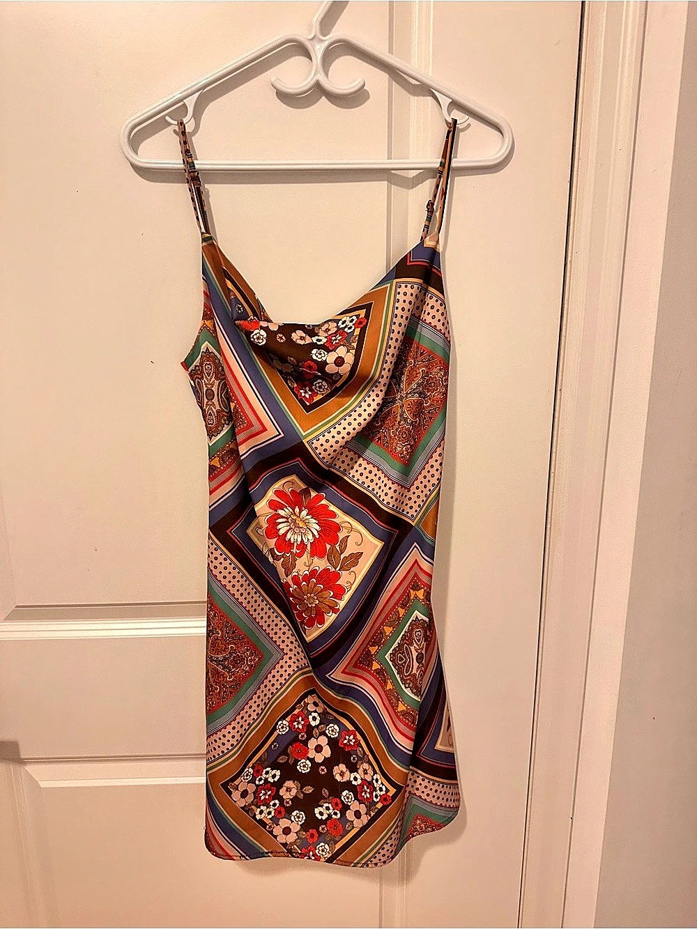 Red Dress Looking Like a Yes Rust & Blue Scarf Print Cowl Neck Mini Dress
